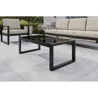 Margaret Hadas24 Gartentisch Outdoor Madera Couchtisch Terrasse Balkon wetterfest Metall Glas Balkonmöbel Sitzbank mit Lehne, Gartenmöbel, schwarz