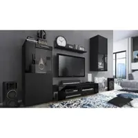 Vladon Wohnwand Movie, Anbauwand bestehend aus 1 TV-Board, 2 Vitrinen und 1 Regal, Schwarz matt/Schwarz matt/Schwarz Hochglanz (Gesamt: 300 x 190 x 39 cm)