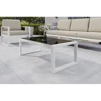 Design Möbel SOLAR Garten-Couchtisch 110 × 55 cm – Metallgestell pulverbeschichtet – Tisch mit 4 mm Glasplatte – WEIß