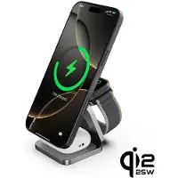 CubeNest Magnetisches kabelloses Ladegerät Qi 2.2 SQ312 Ultra, MagSafe-kompatibel, Gesamtleistung 35 W, für iPhone, Apple Watch, AirPods – Grau