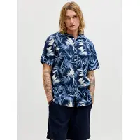 Jack & Jones Kurzarmhemd "JJHONOLULU AOP SHIRT SS", Herren, Gr. S, N-Gr, blau (navy blazer), Web, Obermaterial: 100% Baumwolle, gemustert, regular fit, Hemden Kurzarmhemd