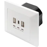 Digitus Steckdose mit USB A & USB-CTM Ports, Unterputz-Montage, 2 x USB A + 1 x USB C, Weiß, Leistung, 250 V, 50 Hz, 5 V