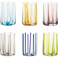 Zafferano Set aus 6 handgefertigten, farbigen Glasbechern, elegantes Design mit erhabenen Linien, verschiedene Farben, handwerkliche Qualität