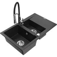 Mexen Gaspar 1,5-Becken-Granitspüle mit Abtropffläche und Mischbatterie Aster, Schwarz/Silbermetallic - 6507-73-73450-07