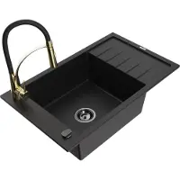 Mexen Elias 1 Becken-Granitspüle mit Abtropffläche und Mischbatterie Aster, Schwarz - 6511-77-73450-57-B