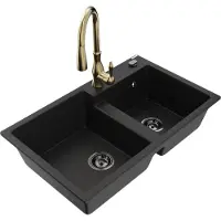 Mexen Tomas 2-Becken-Granitspüle mit Mischbatterie Savita, Schwarz - 6516-77-672601-50-B