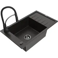 Mexen Elias 1 Becken-Granitspüle mit Abtropffläche und Mischbatterie Aster, Schwarz/Gold metallisch - 6511-75-73450-70-B