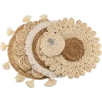 TAUOH 6PCS Boho Wand Korb Decor Set Woven Rattan Flache Körbe Hängen Handgemachte Quasten Blume
