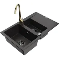 Mexen Gaspar 1,5-Becken-Granitspüle mit Abtropffläche und Mischbatterie Telma, Schwarz - 6507-77-670200-50-B