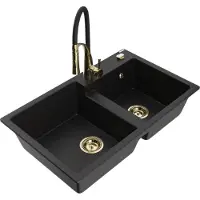 Mexen Tomas 2-Becken-Granitspüle mit Mischbatterie Aster, Schwarz - 6516-77-73450-57-G