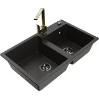 Mexen Tomas 2-Becken-Granitspüle mit Mischbatterie Rita, Schwarz/Gold metallisch - 6516-75-670300-50-B