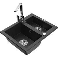 Mexen Carlos 1,5-Becken-Granitspüle mit Mischbatterie Rita, Schwarz/Silbermetallic - 6518-73-670300-00