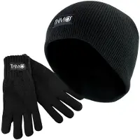 THMO (L, Schwarz) - Kinder Thinsulate Handschuhe und Wintermütze Set | Beanie Thermohandschuhe Set