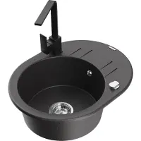 Mexen Kevin 1 Becken-Granitspüle mit Abtropffläche und Mischbatterie Rita, Schwarz gesprenkelt - 6517-76-670300-70