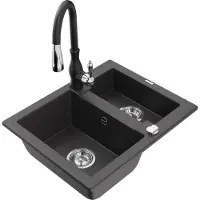 Mexen Carlos 1,5-Becken-Granitspüle mit Mischbatterie Savita, Schwarz gesprenkelt - 6518-76-672601-70