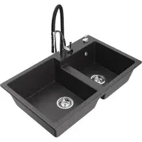 Mexen Tomas 2-Becken-Granitspüle mit Mischbatterie Aster, Schwarz gesprenkelt - 6516-76-73450-07