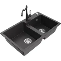 Mexen Tomas 2-Becken-Granitspüle mit Mischbatterie Carla, Schwarz gesprenkelt - 6516-76-670700-76
