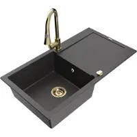 Mexen Leo 1 Becken-Granitspüle mit Abtropffläche und Mischbatterie Elia, Schwarz gesprenkelt - 6501-76-670101-50
