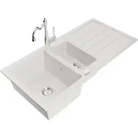 Mexen Andres 1,5-Becken-Granitspüle mit Abtropffläche und Mischbatterie Carla, Weiß - 6515-20-670700-00