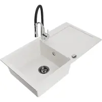 Mexen Leo 1 Becken-Granitspüle mit Abtropffläche und Mischbatterie Aster, Weiß - 6501-20-73450-07-B