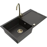 Mexen Leo 1 Becken-Granitspüle mit Abtropffläche und Mischbatterie Telma, Schwarz/Gold Metallisch - 6501-75-670200-50