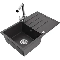 Mexen Bruno 1 Becken-Granitspüle mit Abtropffläche und Mischbatterie Duero, Schwarz gesprenkelt - 6513-76-671600-00