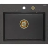 Mexen Oscar Granitspüle 1-beckig 580 x 490 mm, schwarz gesprenkelt, goldener Siphon - 6519581000-76-G