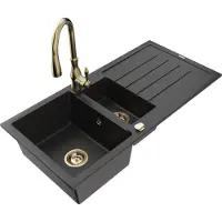Mexen Andres 1,5-Becken-Granitspüle mit Abtropffläche und Mischbatterie Savita, Schwarz/Silber - 6515-73-672601-50