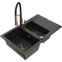 Mexen Gaspar 1,5-Becken-Granitspüle mit Abtropffläche und Mischbatterie Aster, Schwarz/Gold metallisch - 6507-75-73450-57-B