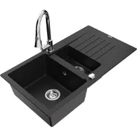 Mexen Matias 1,5-Becken-Granitspüle mit Abtropffläche und Mischbatterie Elia, Schwarz - 6502-77-670101-00