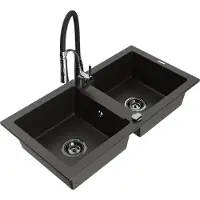 Mexen Mario 2-Becken-Granitspüle mit Mischbatterie Aster, Schwarz/Gold metallisch - 6504-75-73450-07-B