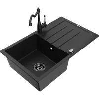 Mexen Bruno 1 Becken-Granitspüle mit Abtropffläche und Mischbatterie Carla, Schwarz - 6513-77-670700-70-B