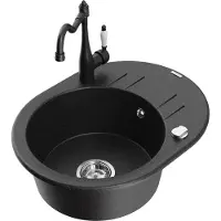 Mexen Kevin 1 Becken-Granitspüle mit Abtropffläche und Mischbatterie Carla, Schwarz/Silbermetallic - 6517-73-670700-70