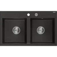 Mexen Hektor Granitspüle 2-Kammer 800 x 480 mm, schwarz/gold metallic, Chrom-Siphon - 6521802000-75