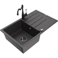 Mexen Bruno 1 Becken-Granitspüle mit Abtropffläche und Mischbatterie Carla, Schwarz gesprenkelt - 6513-76-670700-70-B