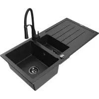 Mexen Andres 1,5-Becken-Granitspüle mit Abtropffläche und Mischbatterie Aster, Schwarz/Silber - 6515-73-73450-70-B
