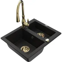 Mexen Carlos 1,5-Becken-Granitspüle mit Mischbatterie Savita, Schwarz - 6518-77-672601-50