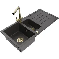 Mexen Andres 1,5-Becken-Granitspüle mit Abtropffläche und Mischbatterie Duero, Schwarz gesprenkelt - 6515-76-671600-50
