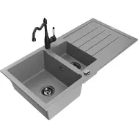 Mexen Andres 1,5-Becken-Granitspüle mit Abtropffläche und Mischbatterie Carla, Grau - 6515-71-670700-70-B
