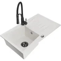 Mexen Cesar 1 Becken-Granitspüle mit Abtropffläche und Mischbatterie Aster, Weiß - 6514-20-73450-70-B