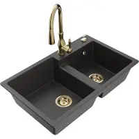 Mexen Tomas 2-Becken-Granitspüle mit Mischbatterie Savita, Schwarz gesprenkelt - 6516-76-672601-50