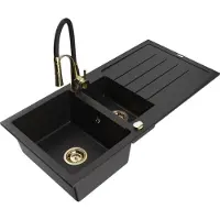 Mexen Andres 1,5-Becken-Granitspüle mit Abtropffläche und Mischbatterie Aster, Schwarz - 6515-77-73450-57-G