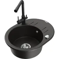 Mexen Kevin 1 Becken-Granitspüle mit Abtropffläche und Mischbatterie Duero, Schwarz/Gold metallisch - 6517-75-671600-70