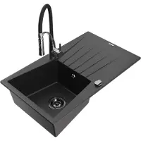 Mexen Cesar 1 Becken-Granitspüle mit Abtropffläche und Mischbatterie Aster, Schwarz/Silbermetallic - 6514-73-73450-07-B