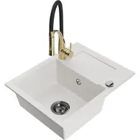 Mexen Enzo 1 Becken-Granitspüle mit Abtropffläche und Mischbatterie Aster, Weiß - 6506-20-73450-57-B