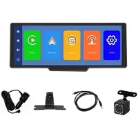 Tlily Kabelloser Carplay-Bildschirm Fürs Auto, 10,26 Zoll Tragbares Autoradio mit Rückfahrkamera, FM/GPS/AUX/Mirror Link/Android Auto