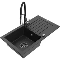 Mexen Pablo 1 Becken-Granitspüle mit Abtropffläche und Mischbatterie Aster, Schwarz/Silbermetallic - 6510-73-73450-07-B