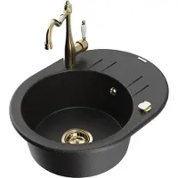 Mexen Kevin 1 Becken-Granitspüle mit Abtropffläche und Mischbatterie Carla, Schwarz/Silbermetallic - 6517-73-670700-50