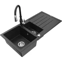 Mexen Andres 1,5-Becken-Granitspüle mit Abtropffläche und Mischbatterie Savita, Schwarz/Silber - 6515-73-672601-70