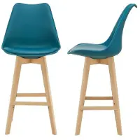 Helloshop26 Set mit 2 gepolsterten Barhockern aus synthetischem Kunststoff und Buche, 105 cm, türkis 03_0002783